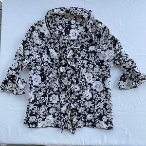 I.E. Black and White Floral Print Blouse Ruffled